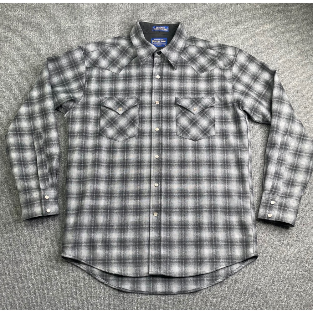 Pendleton High grade Western Wear Shirt Mens M Grey Plaid Wool Pearl Snap